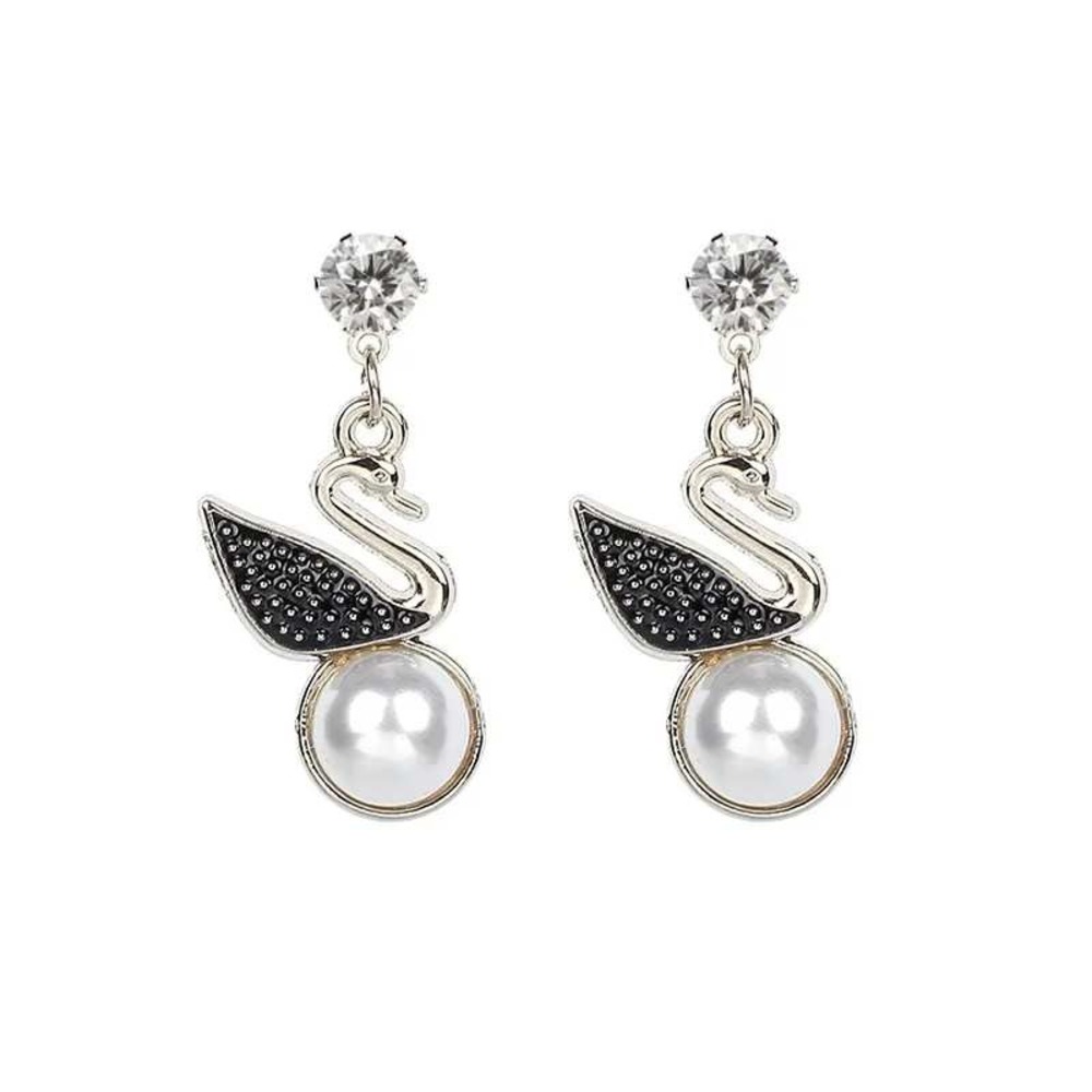 Swan Drop Earrings OS Silver White Faux Pearl CZ Pave Dangle Chic Minimal Daily